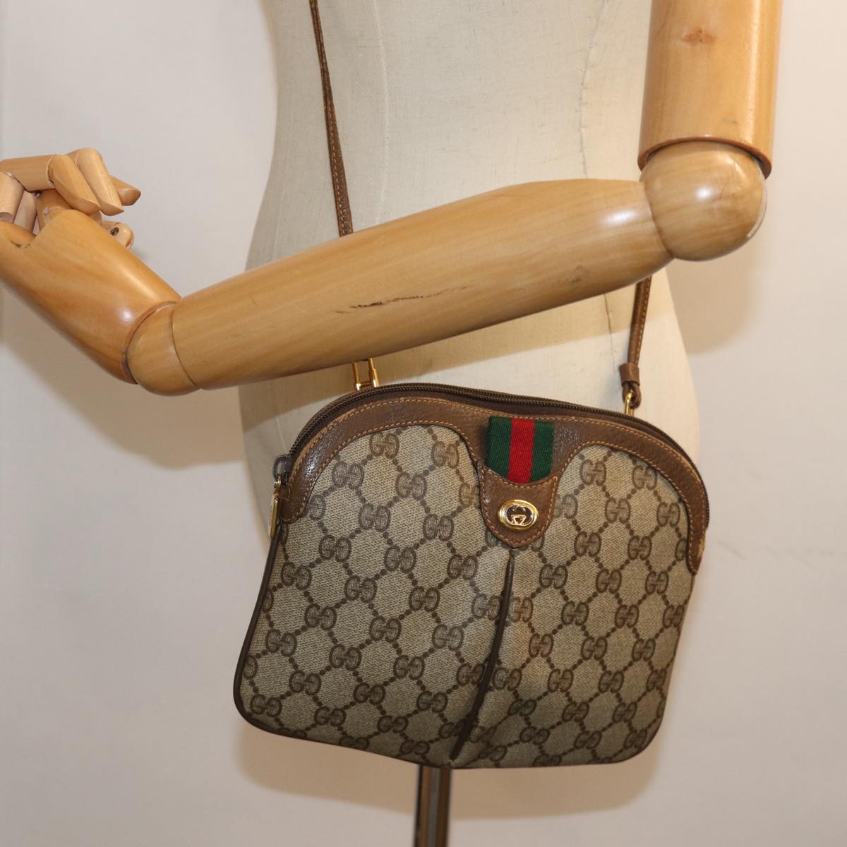 GUCCI GG Canvas Web Sherry Line Shoulder Bag PVC Beige Green Red 72786