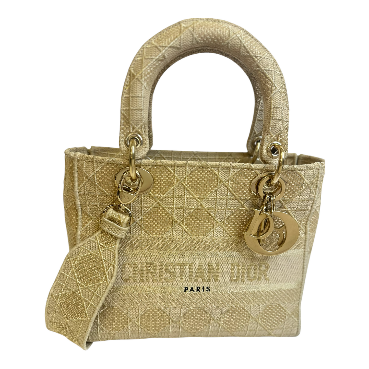 Christian Dior Canvas Embroidered Cannage Medium Lady D-Lite Beige