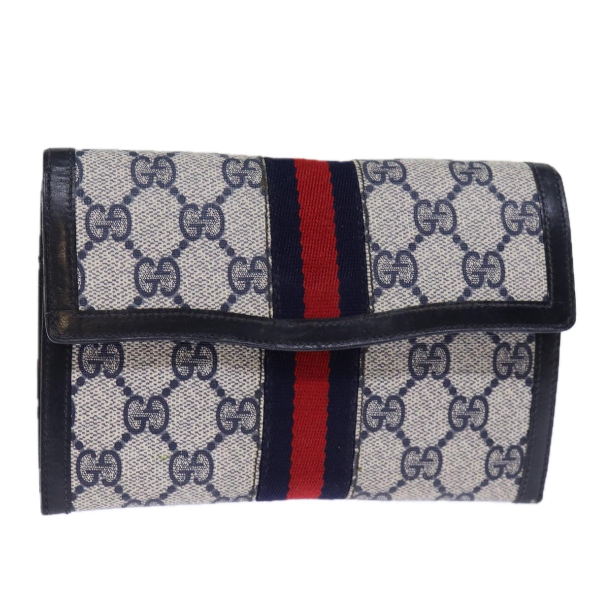 GUCCI GG Supreme Sherry Line Pouch PVC Leather Navy Red 72871