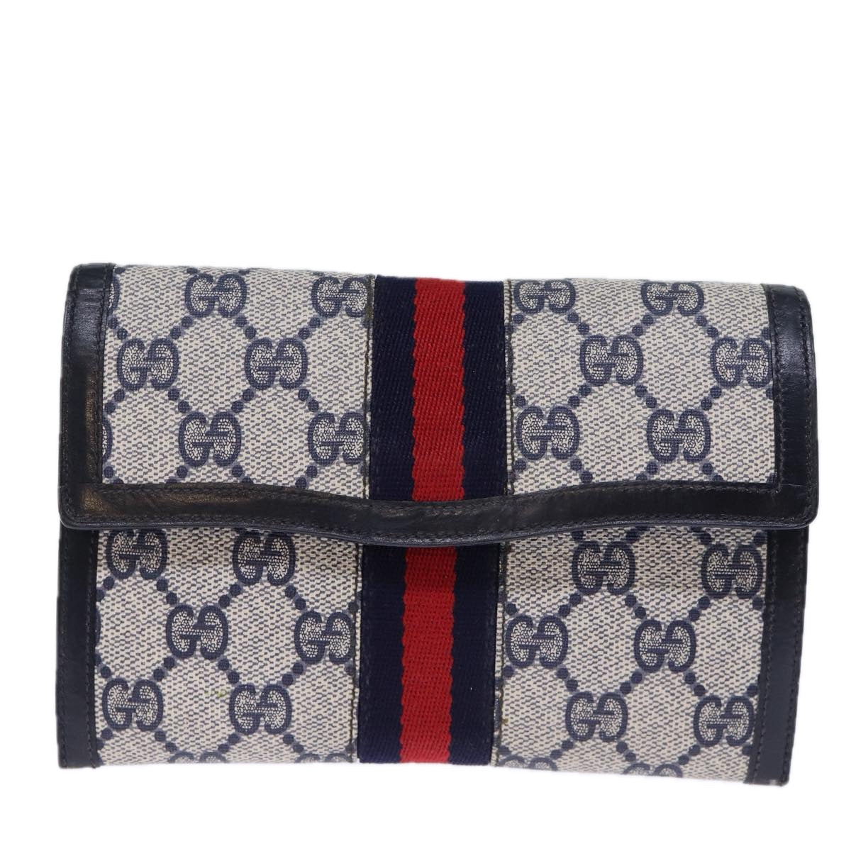 GUCCI GG Supreme Sherry Line Pouch PVC Leather Navy Red 72871
