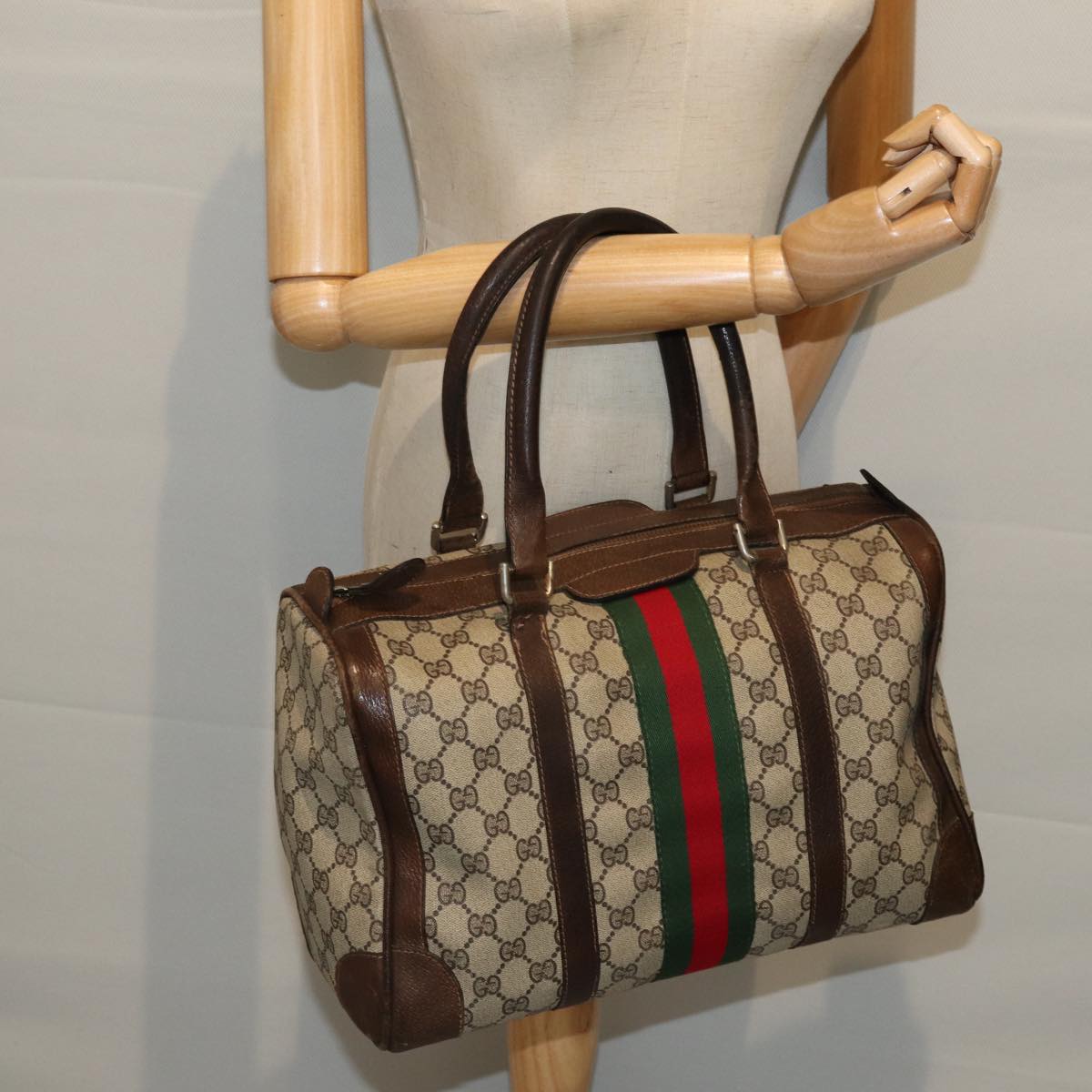 GUCCI GG Canvas Web Sherry Line Hand Bag PVC Beige Green Red 73093