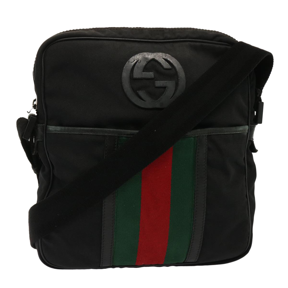 GUCCI Web Sherry Line Shoulder Bag Nylon Black Red Green 181061 73226