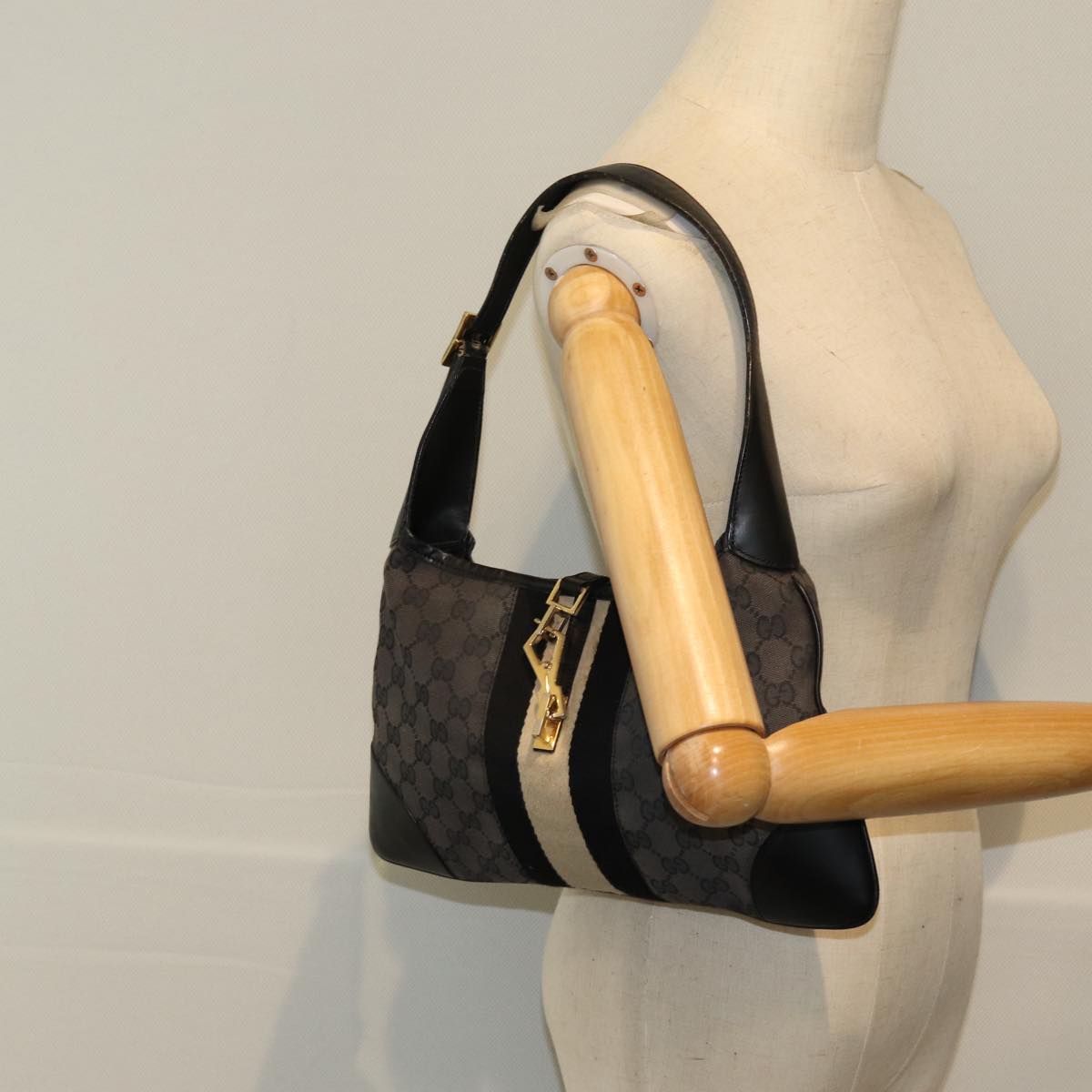 GUCCI GG Canvas Sherry Line Jackie Shoulder Bag Black White 001 4057 73366