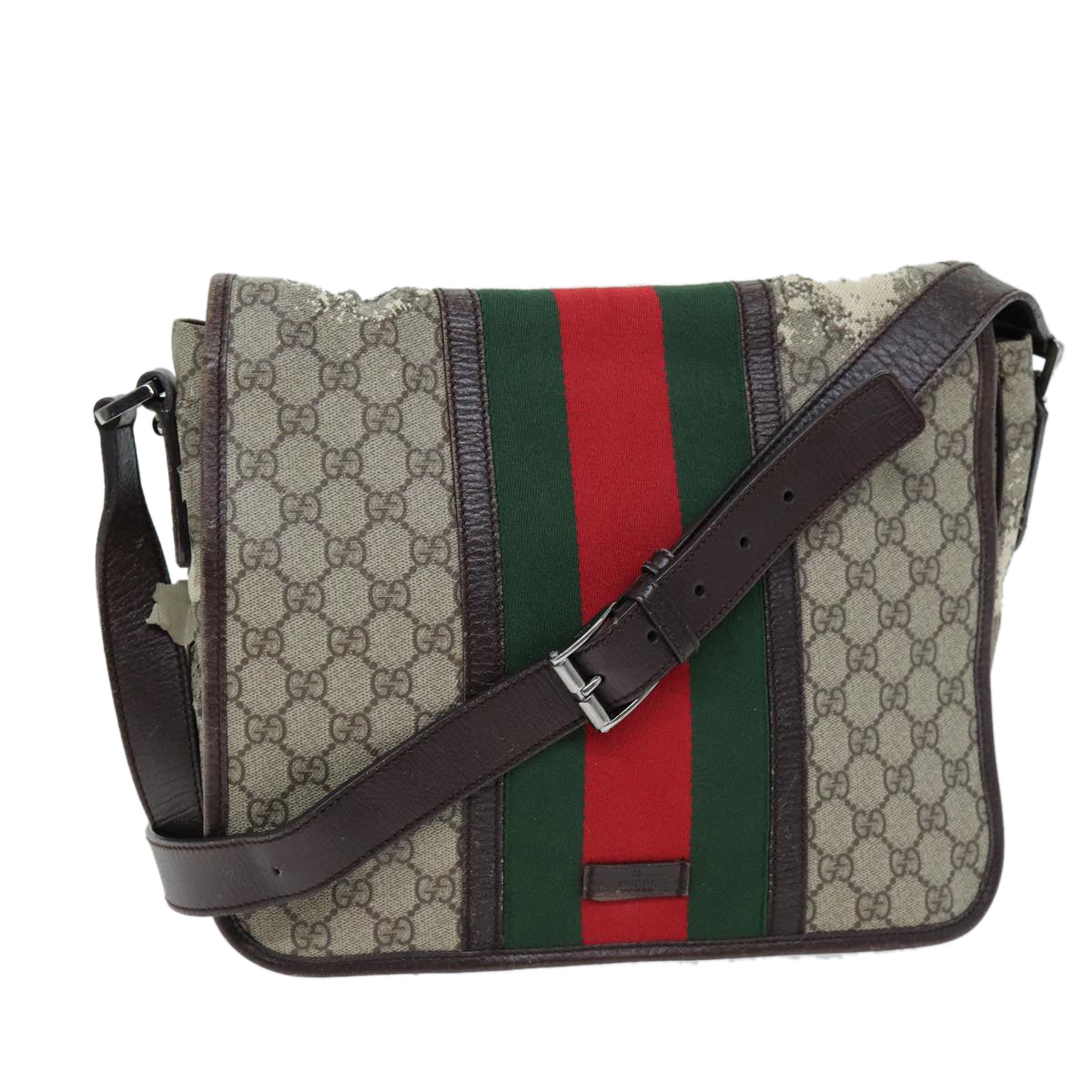 GUCCI GG Supreme Web Sherry Line Shoulder Bag PVC Beige Red 145844 73376