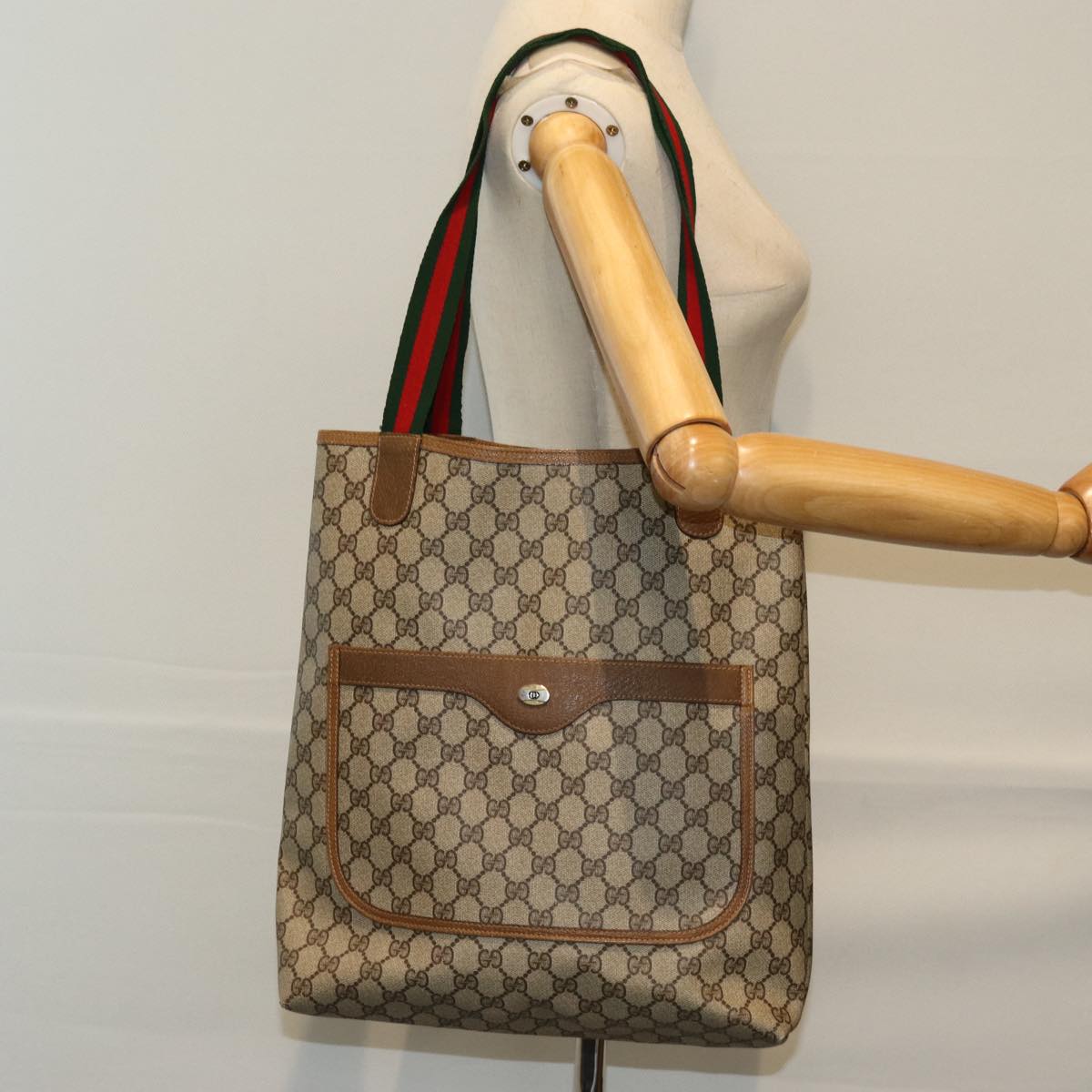GUCCI GG Supreme Web Sherry Line Tote Bag PVC Beige Red 40 02 003 73612