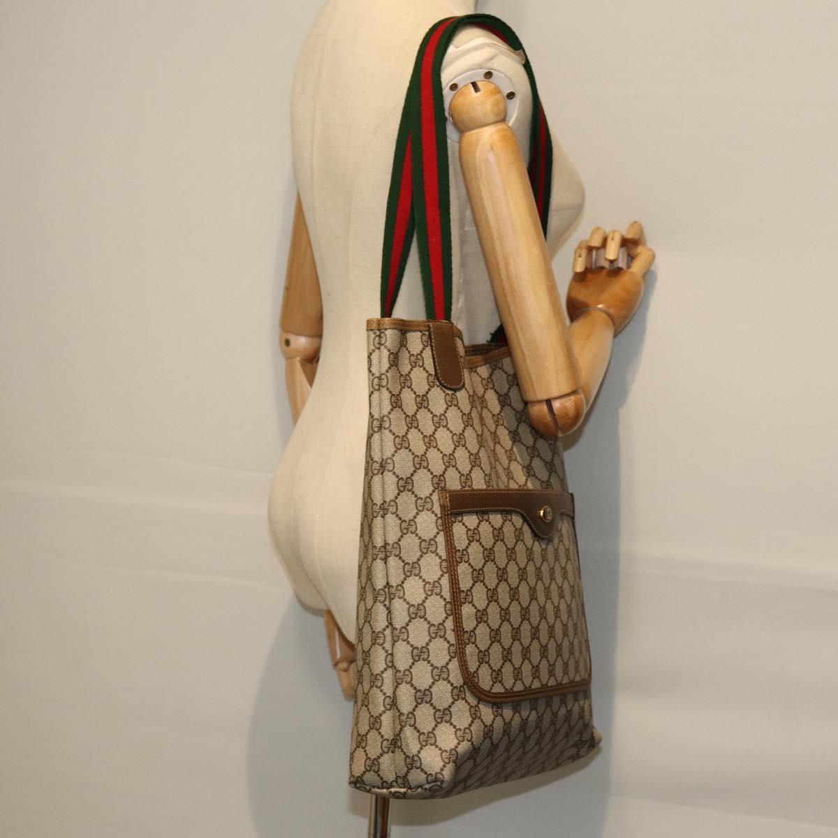 GUCCI GG Supreme Web Sherry Line Tote Bag PVC Beige Red 39 02 003 73742