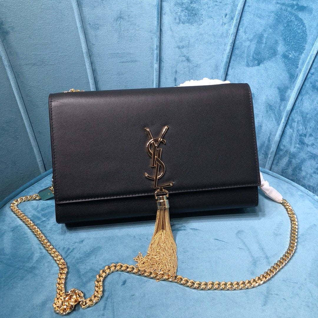 GLAMI Kate MeGLAMIum Chain Bag With Tassel In Grain De Poudre Black For Women 9.4in/24cm YSL 354119BOW0J1000