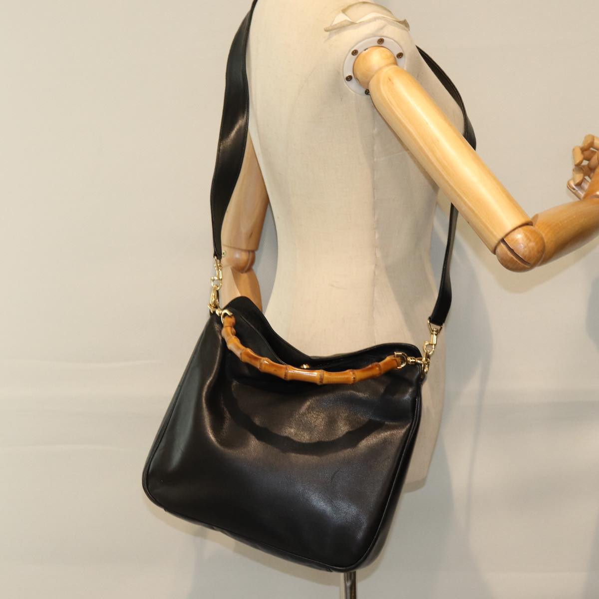 GUCCI Bamboo Shoulder Bag Leather 2way Black 001 1998 1638 73901