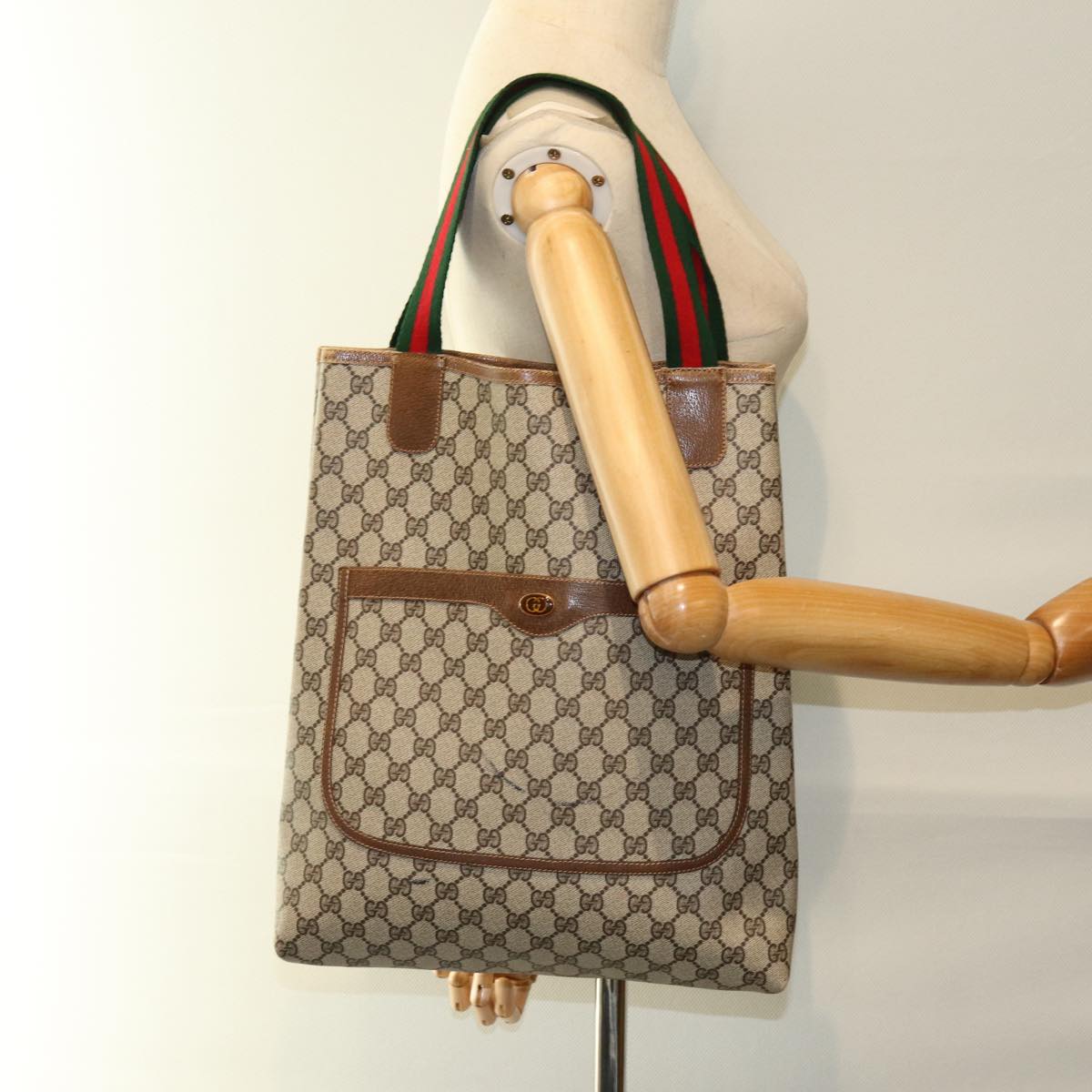 GUCCI GG Supreme Web Sherry Line Tote Bag Beige Red Green 001 080 494 73985