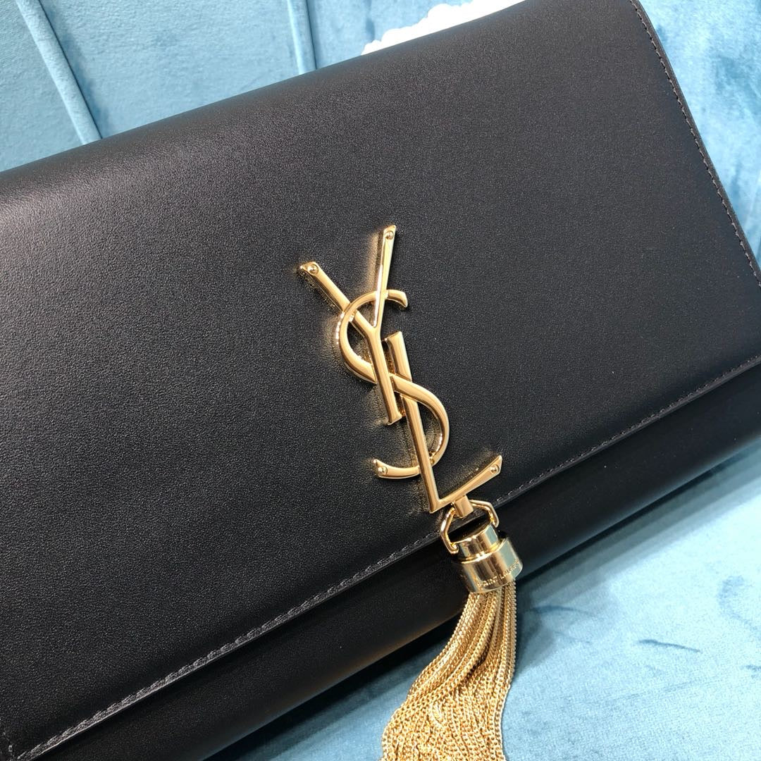 GLAMI Kate MeGLAMIum Chain Bag With Tassel In Grain De Poudre Black For Women 9.4in/24cm YSL 354119BOW0J1000