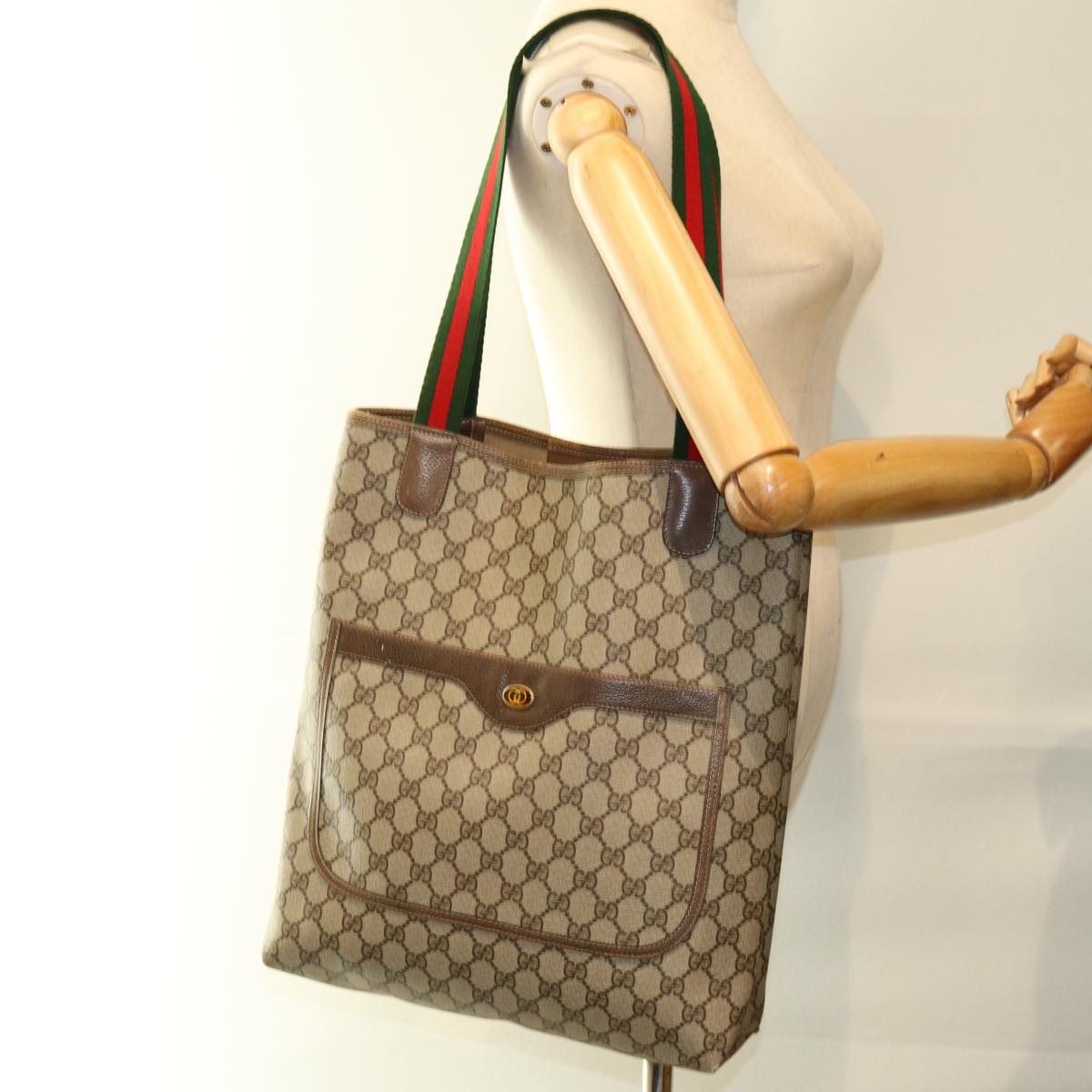 GUCCI GG Supreme Web Sherry Line Tote Bag PVC Beige Red 39 02 003 74551