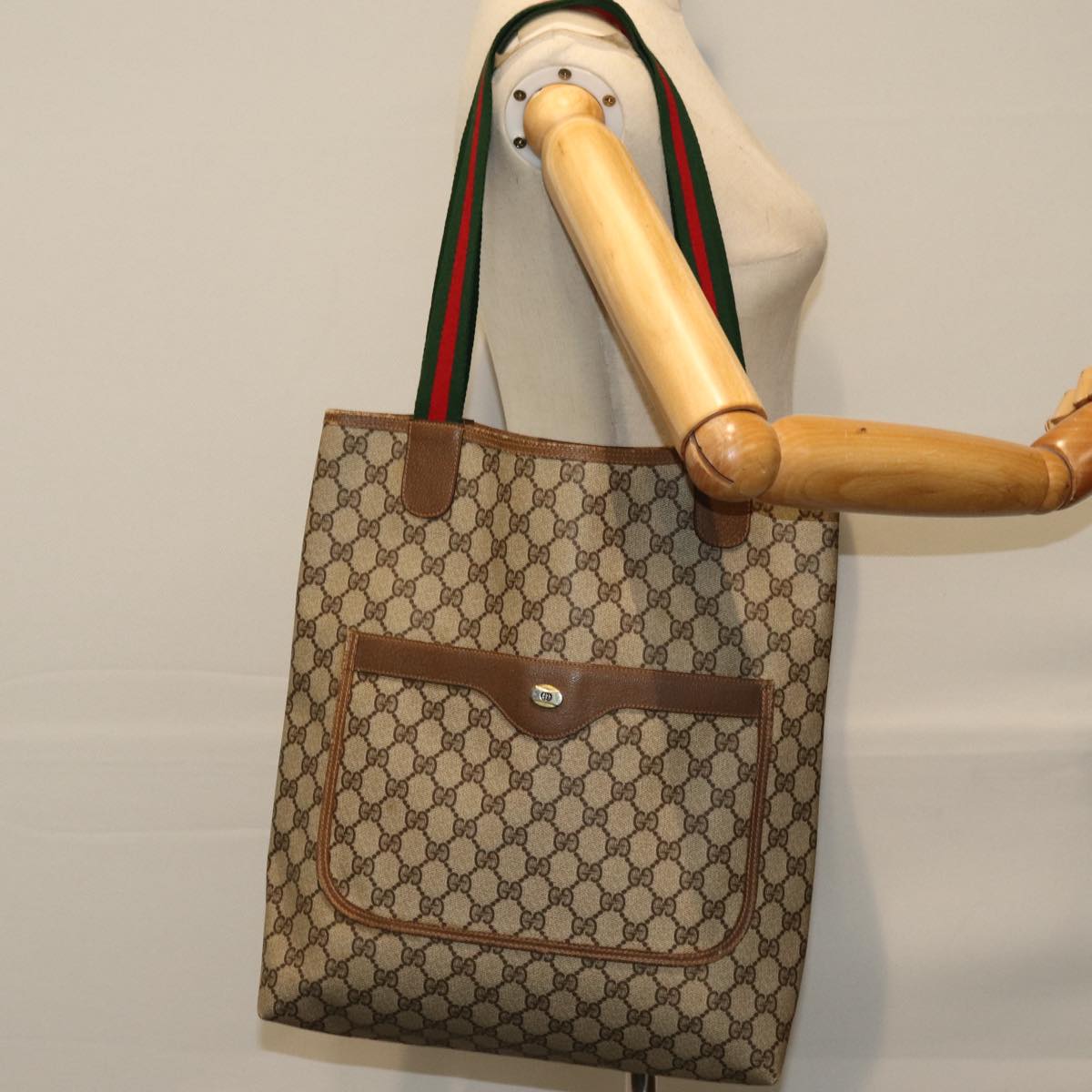 GUCCI GG Supreme Web Sherry Line Tote Bag PVC Beige Red 39 02 003 74650