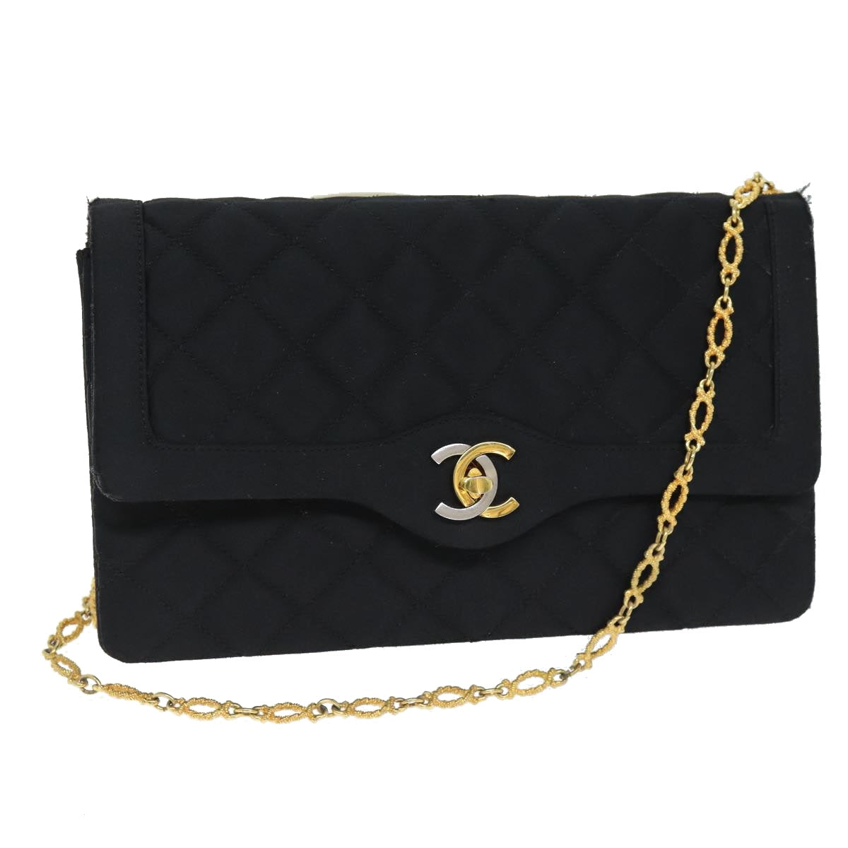 CHANEL Matelasse Chain Shoulder Bag Satin Paris limited Black CC 74757A