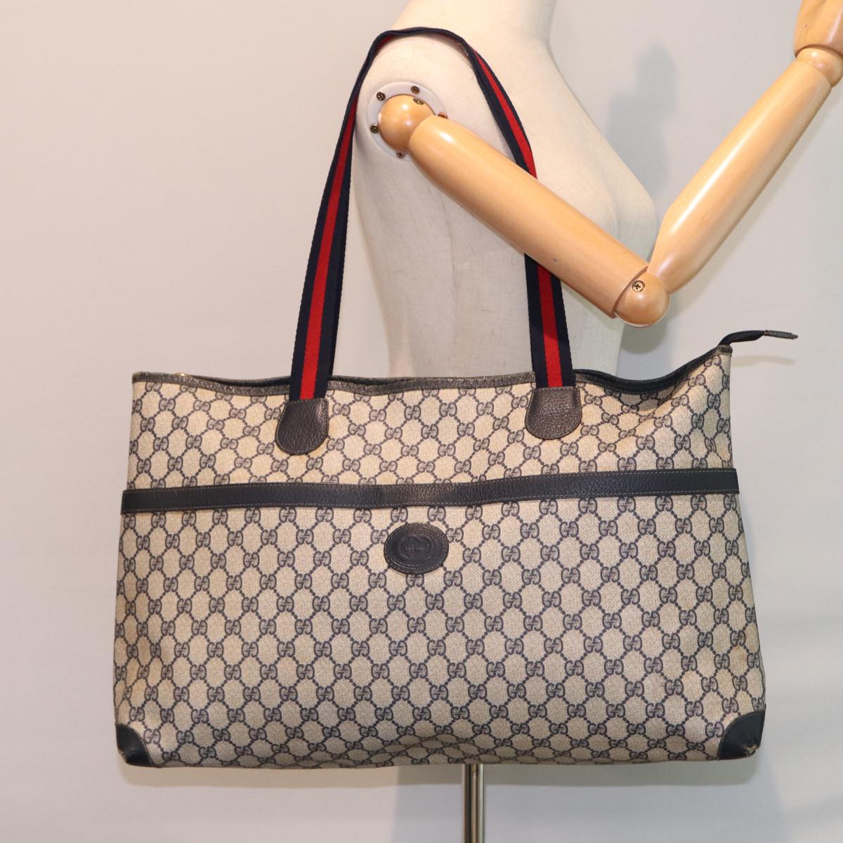 GUCCI GG Supreme Sherry Line Shoulder Bag PVC Leather Navy Red 74871