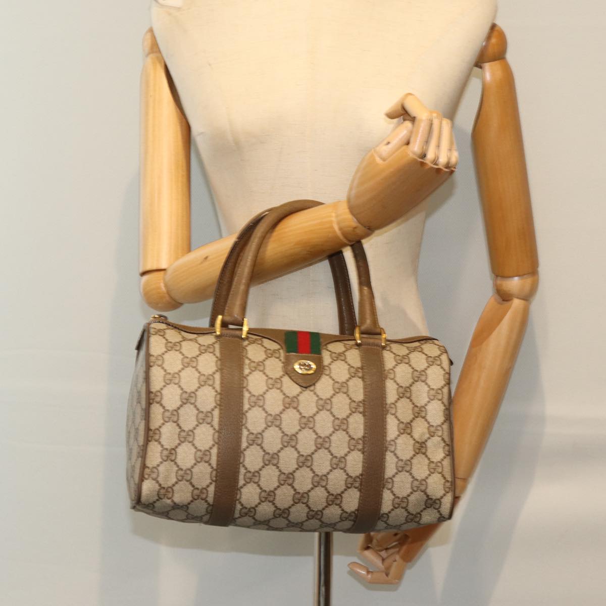 GUCCI GG Supreme Web Sherry Line Boston Bag PVC Beige Red 116 02 006 74990