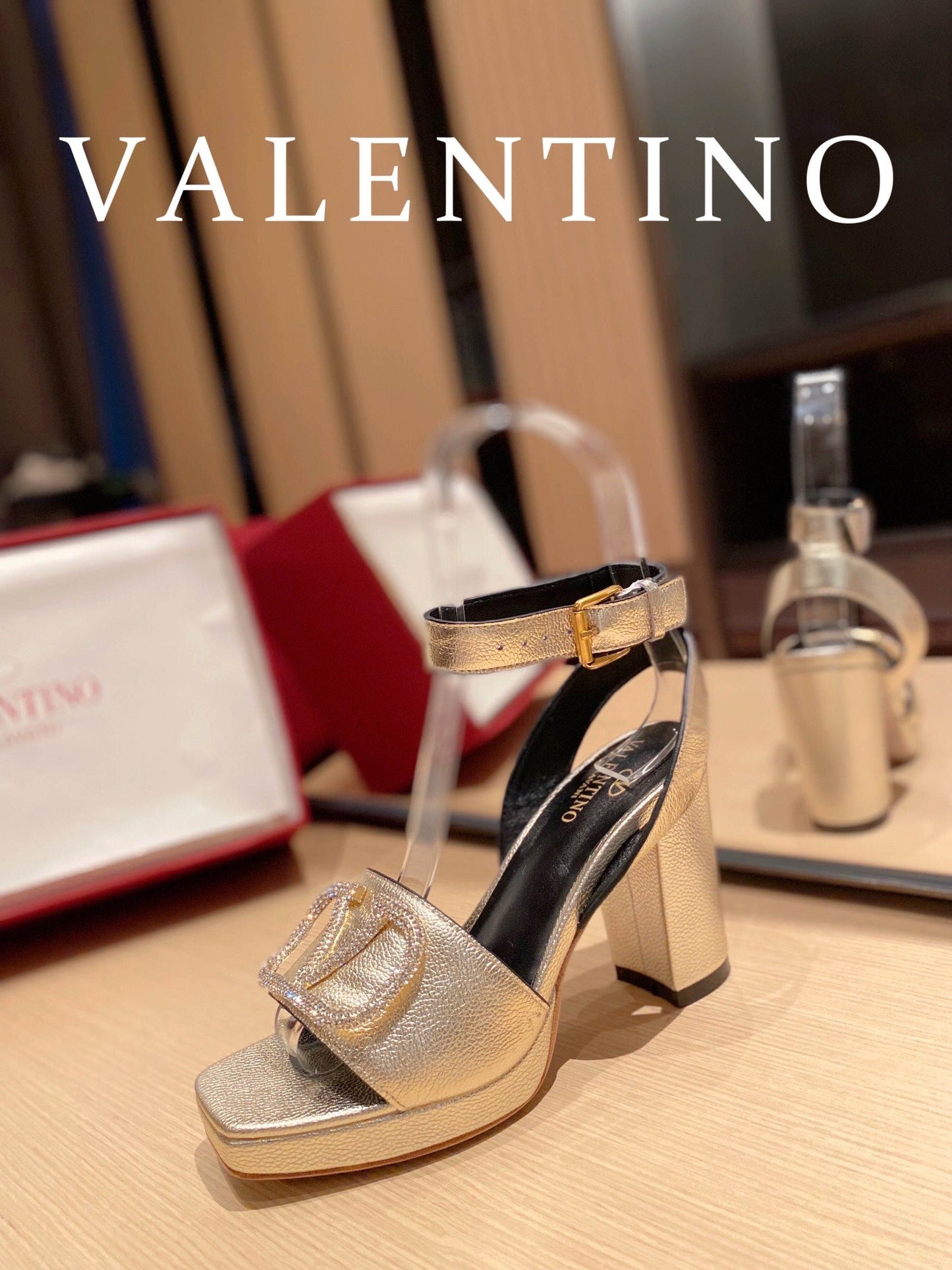 Valentino Garavani Strap Heeled Sandals With V Logo Crystal EmbellisGLAMIent Gold For Women