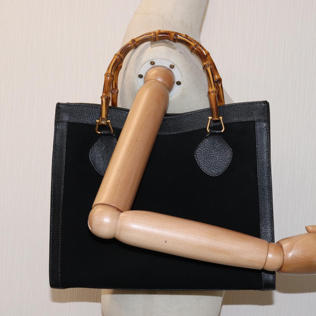 GUCCI Bamboo Tote Bag Suede Black 75117