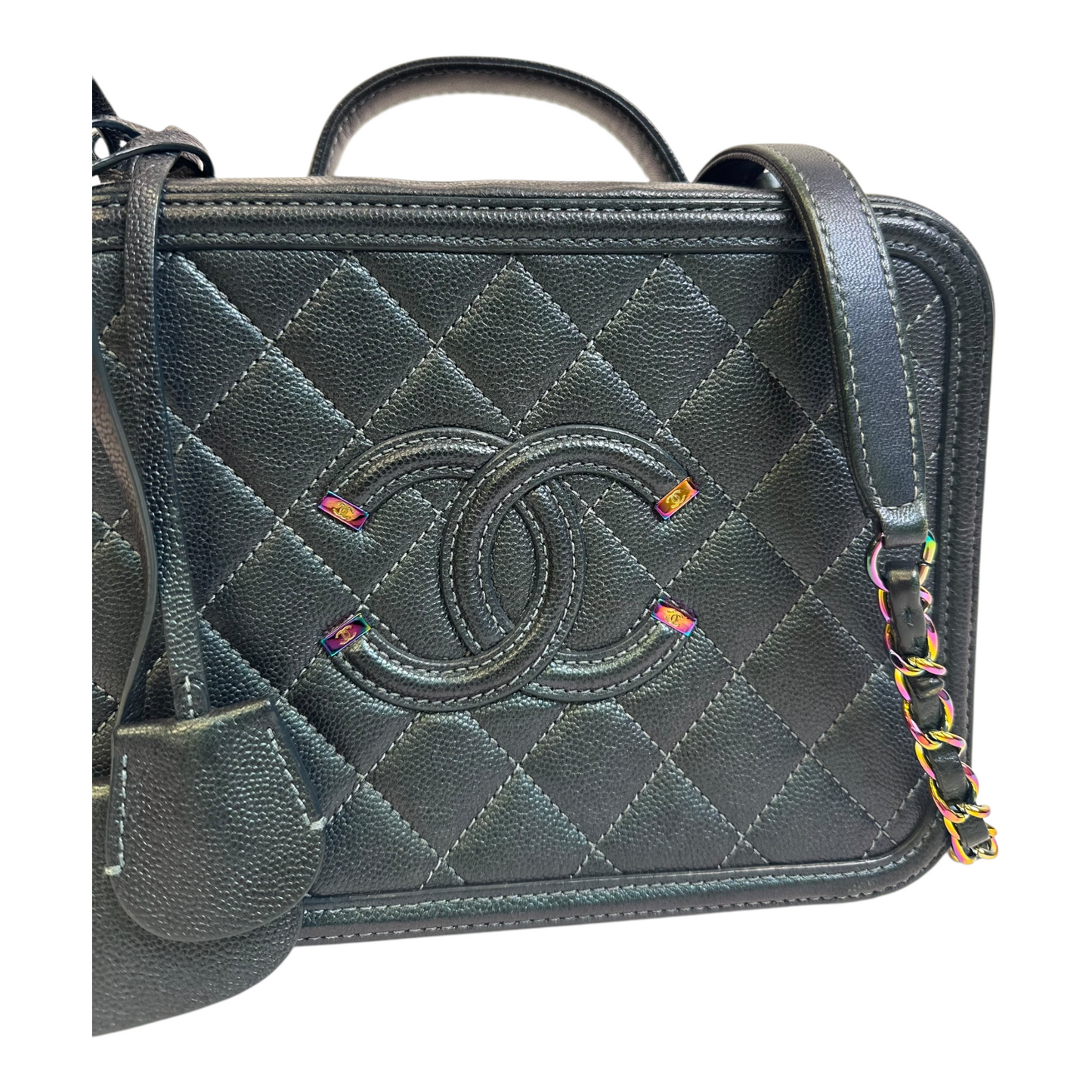 Chanel Iridescent Caviar Quilted Medium CC Filigree Vanity Case Dark Turquoise