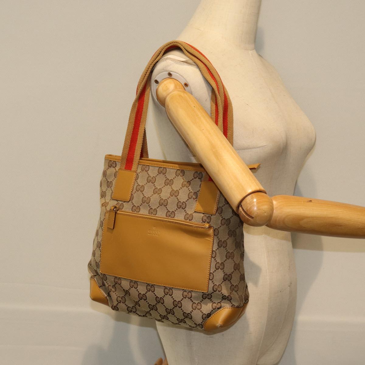 GUCCI GG Canvas Sherry Line Tote Bag Beige Red Brown 019 0402 75588