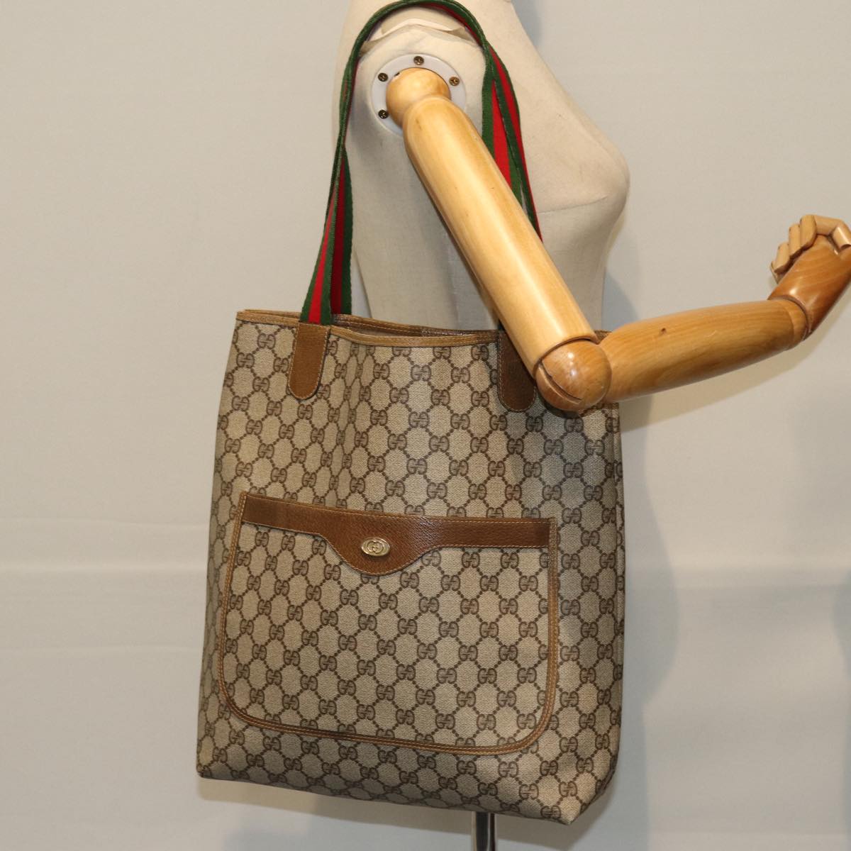 GUCCI GG Supreme Web Sherry Line Tote Bag PVC Red Beige 002 23 4487 75601
