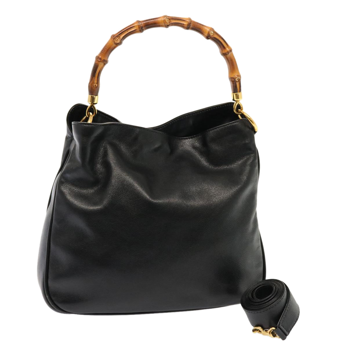 GUCCI Bamboo Hand Bag Leather 2way Black 001 14 1638 75604