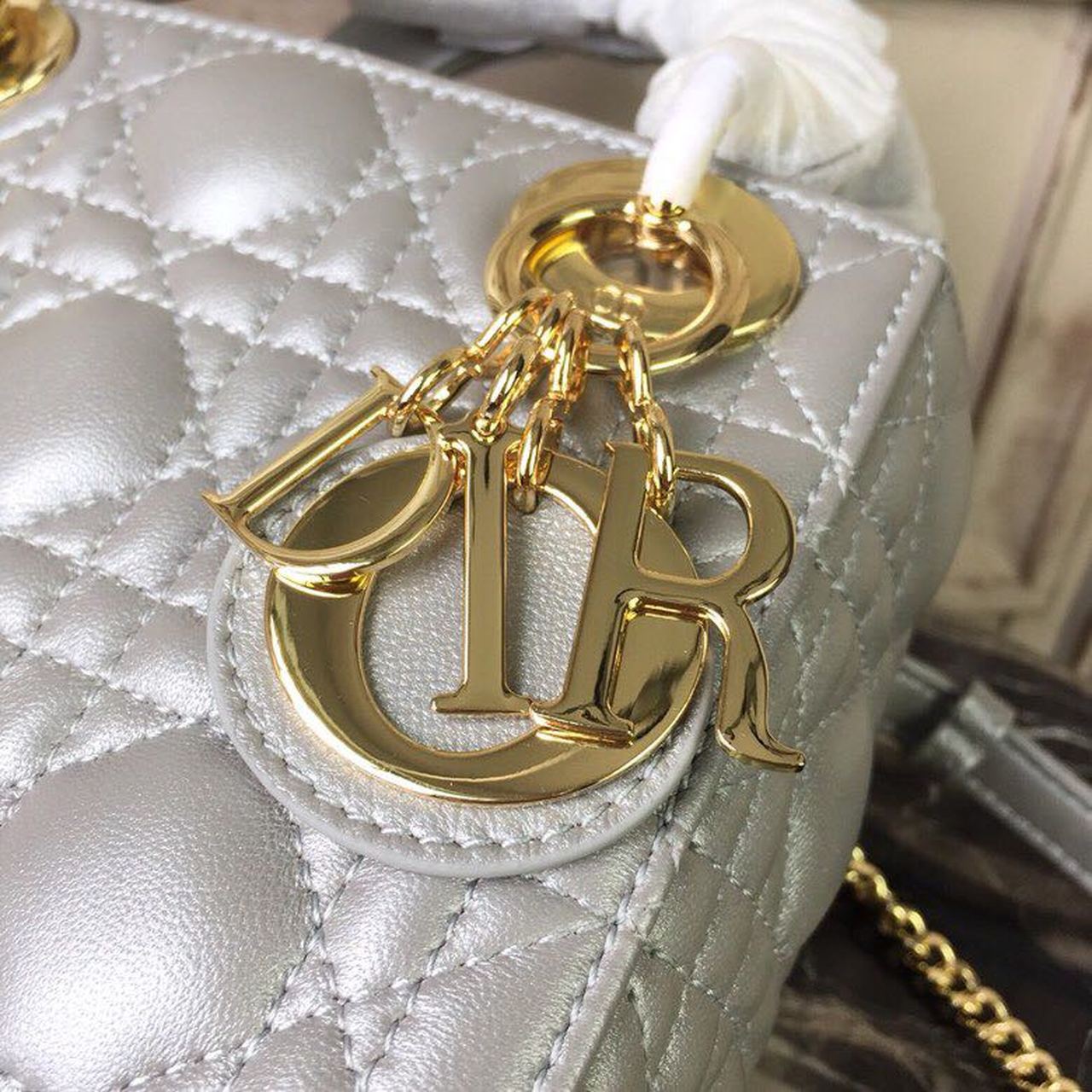 GLAMI Mini Lady Bag Silver with Chain Gold Toned Hardware For Women 6.5in/17cm CD