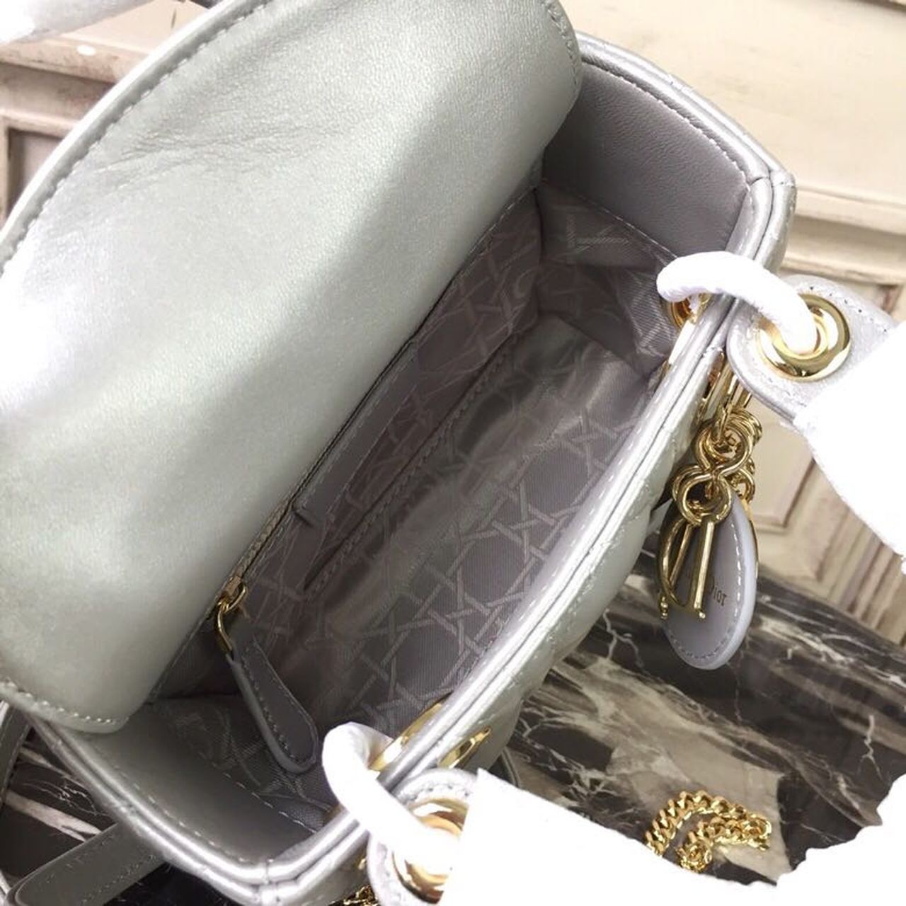 GLAMI Mini Lady Bag Silver with Chain Gold Toned Hardware For Women 6.5in/17cm CD