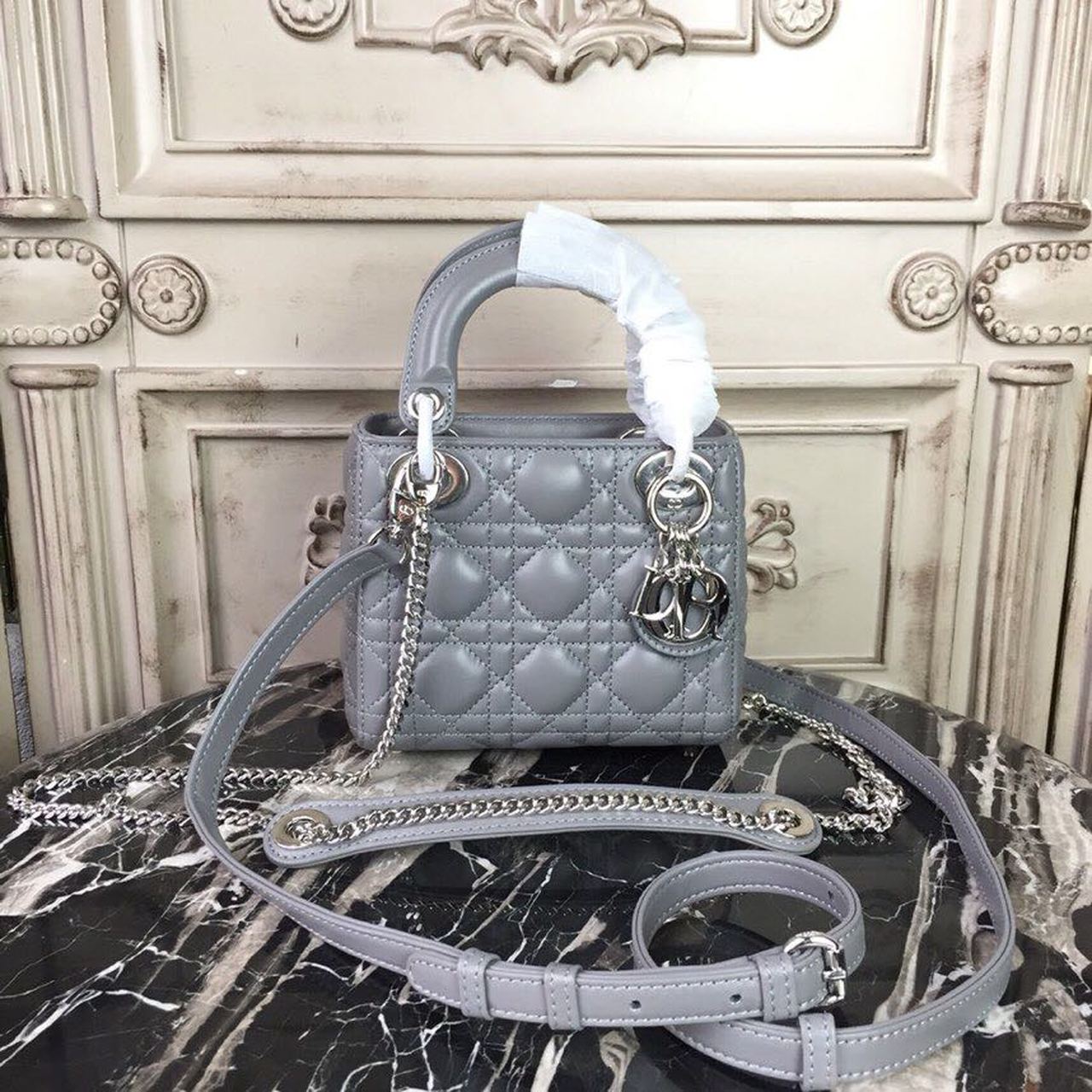 GLAMI Mini Lady Bag 18cm with Chain Silver Hardware Lambskin Grey For Women 6.5in/17cm CD
