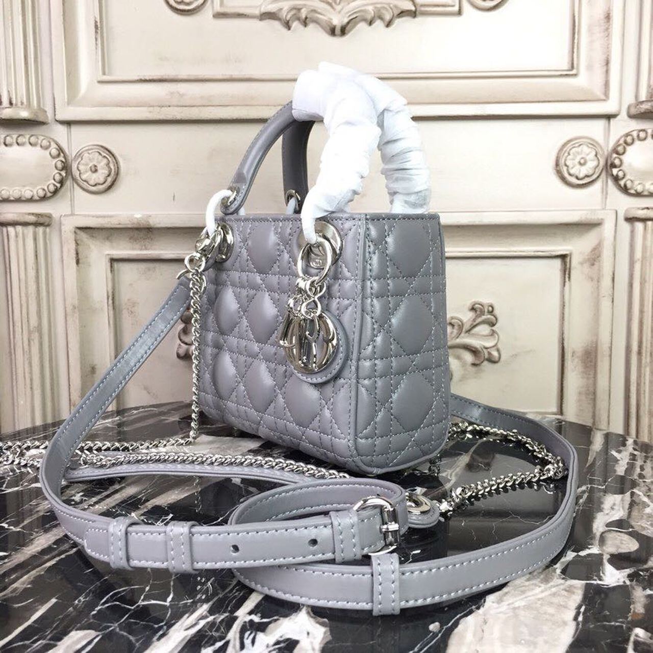 GLAMI Mini Lady Bag 18cm with Chain Silver Hardware Lambskin Grey For Women 6.5in/17cm CD
