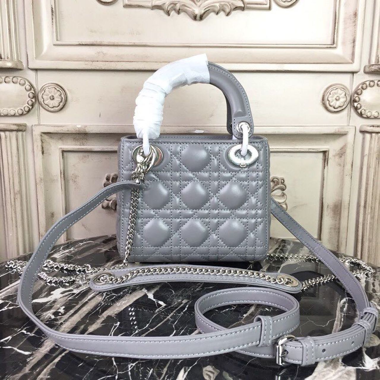 GLAMI Mini Lady Bag 18cm with Chain Silver Hardware Lambskin Grey For Women 6.5in/17cm CD
