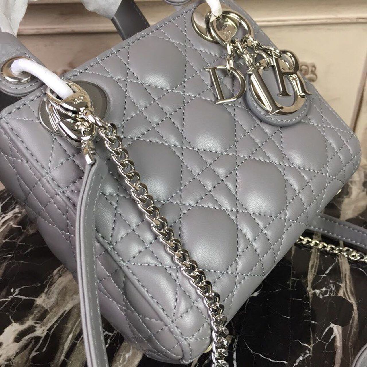 GLAMI Mini Lady Bag 18cm with Chain Silver Hardware Lambskin Grey For Women 6.5in/17cm CD