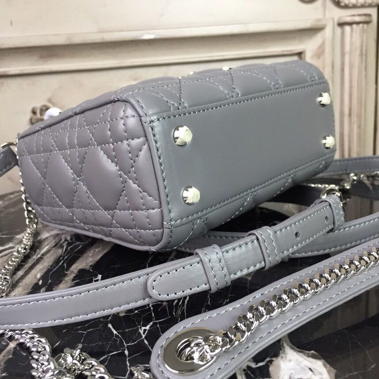 GLAMI Mini Lady Bag 18cm with Chain Silver Hardware Lambskin Grey For Women 6.5in/17cm CD