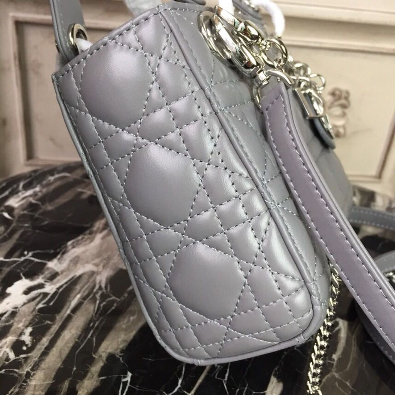 GLAMI Mini Lady Bag 18cm with Chain Silver Hardware Lambskin Grey For Women 6.5in/17cm CD