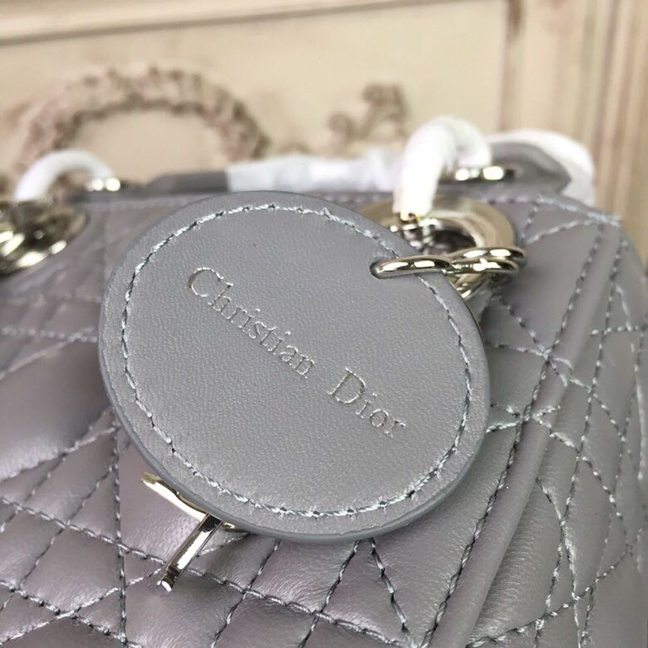GLAMI Mini Lady Bag 18cm with Chain Silver Hardware Lambskin Grey For Women 6.5in/17cm CD