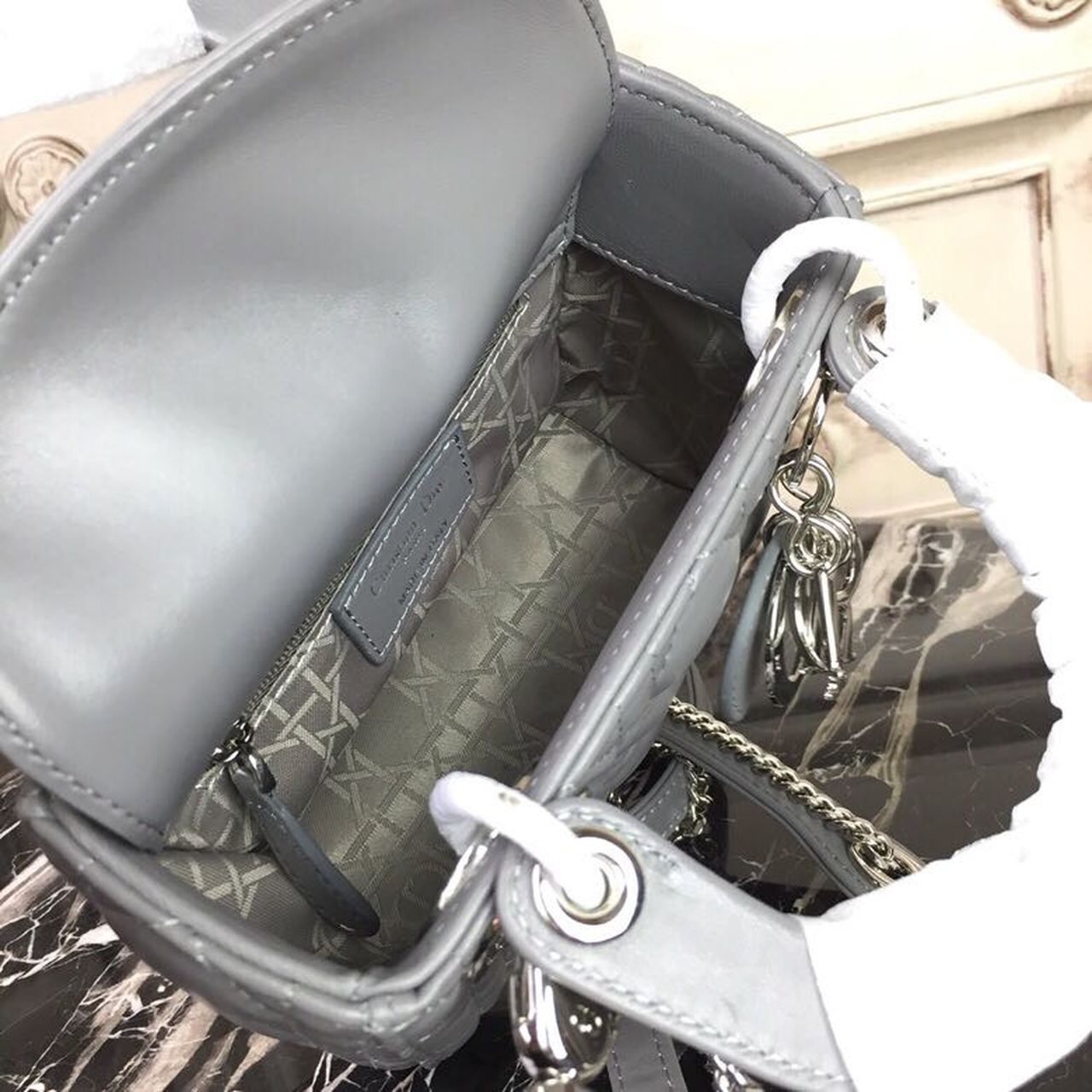 GLAMI Mini Lady Bag 18cm with Chain Silver Hardware Lambskin Grey For Women 6.5in/17cm CD