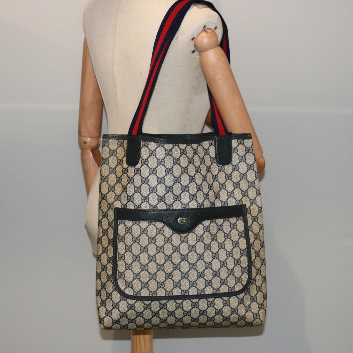 GUCCI GG Supreme Sherry Line Tote Bag PVC Navy Red 39 02 003 75833