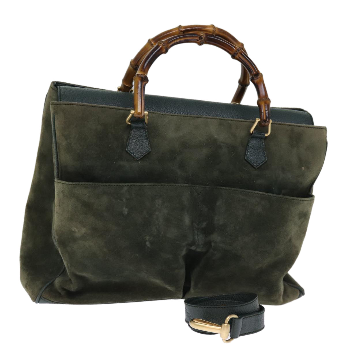 GUCCI Bamboo Tote Bag Suede Leather 2way Khaki 002 2855 0322 0 75836