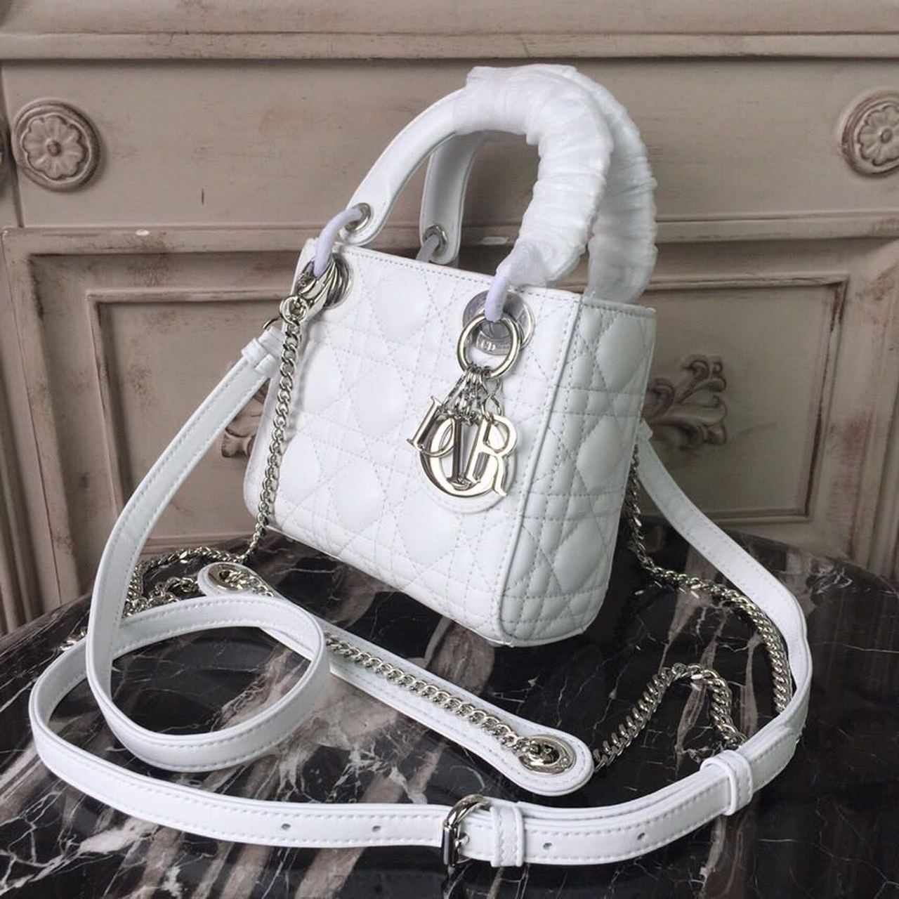 GLAMI Mini Lady Bag White Chain Silver Hardware For Women 17cm/6.5in CD