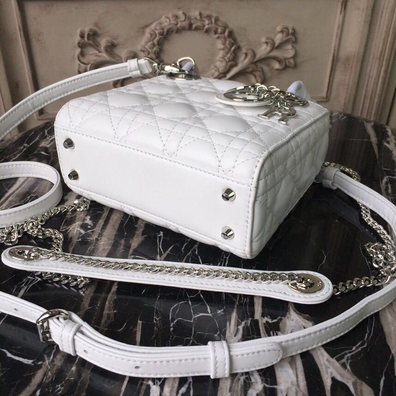 GLAMI Mini Lady Bag White Chain Silver Hardware For Women 17cm/6.5in CD