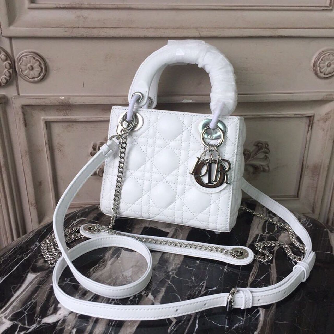 GLAMI Mini Lady Bag White Chain Silver Hardware For Women 17cm/6.5in CD