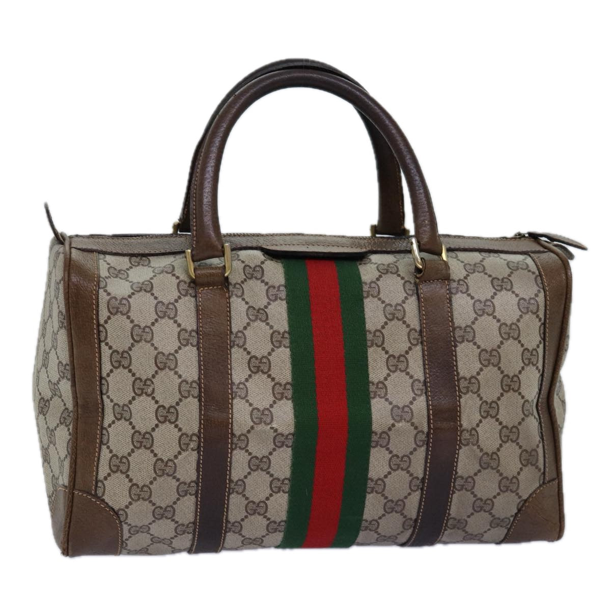 GUCCI GG Supreme Web Sherry Line Boston Bag PVC Beige Red Green 75964