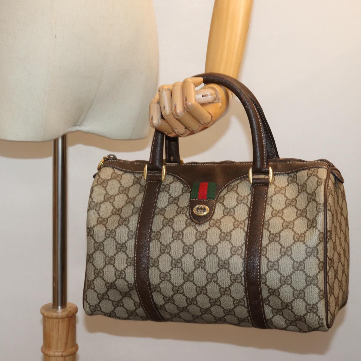 GUCCI GG Supreme Web Sherry Line Boston Bag PVC Beige Red 40 02 007 75965
