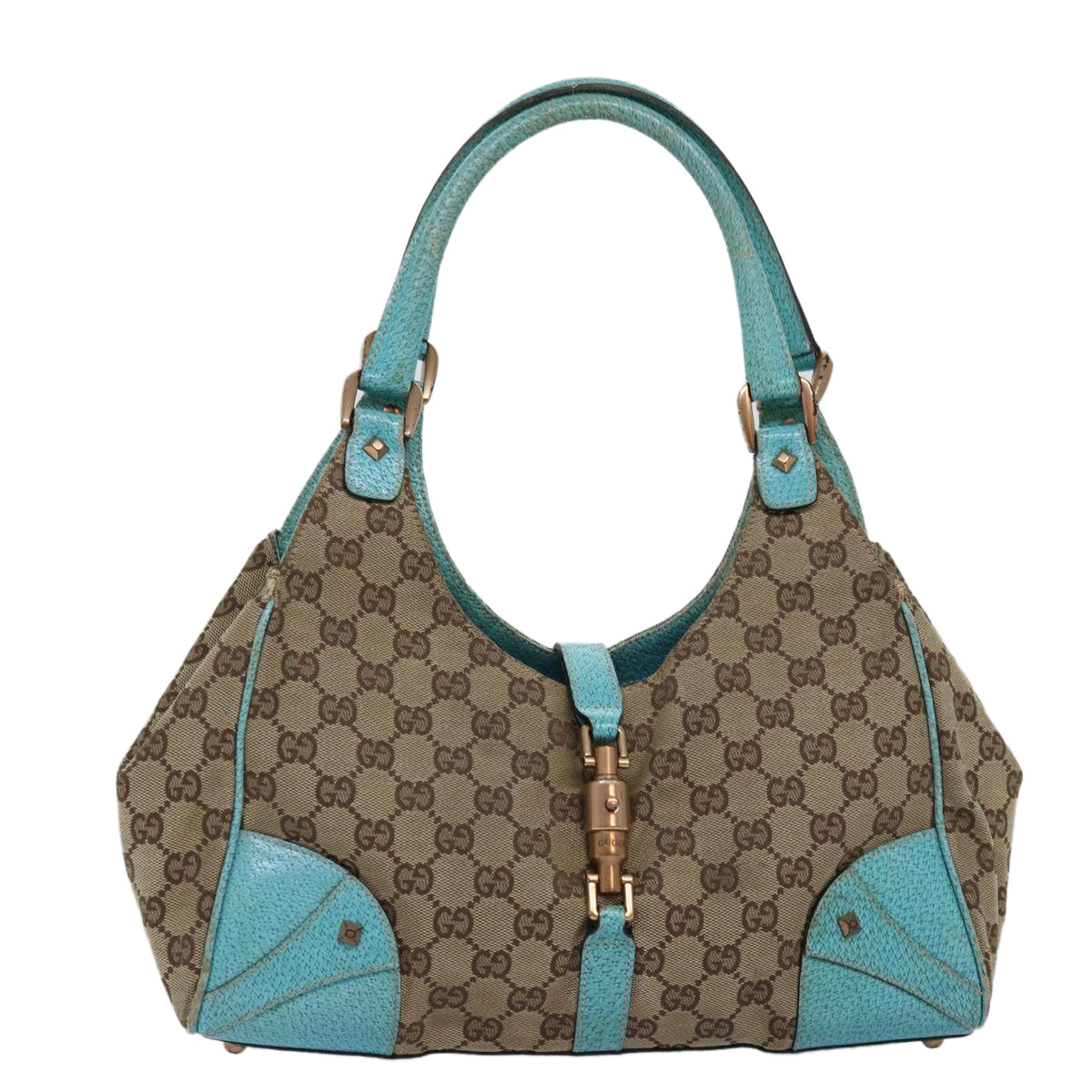GUCCI GG Canvas Jackie Shoulder Bag Beige Light Blue 124407 75970