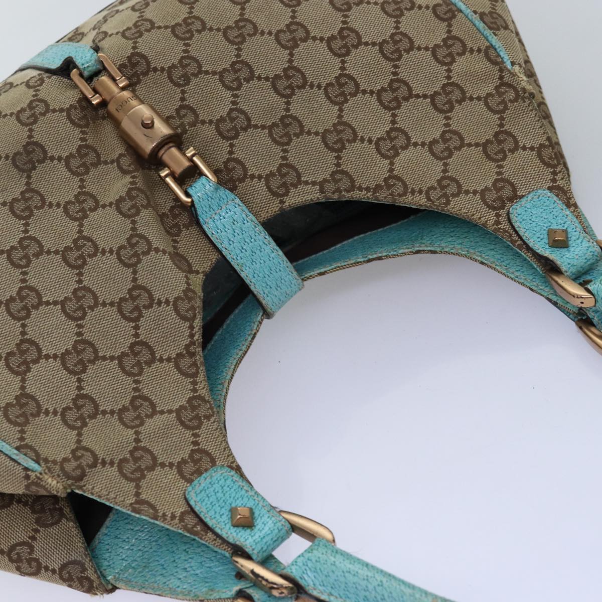 GUCCI GG Canvas Jackie Shoulder Bag Beige Light Blue 124407 75970