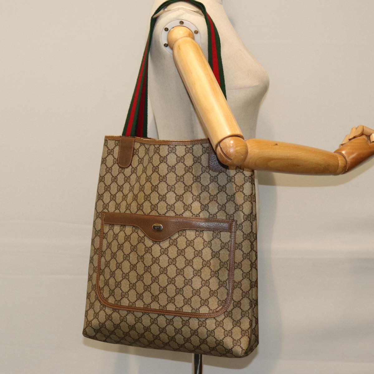 GUCCI GG Supreme Web Sherry Line Tote Bag PCVLeather Beige 39 02 003 75991