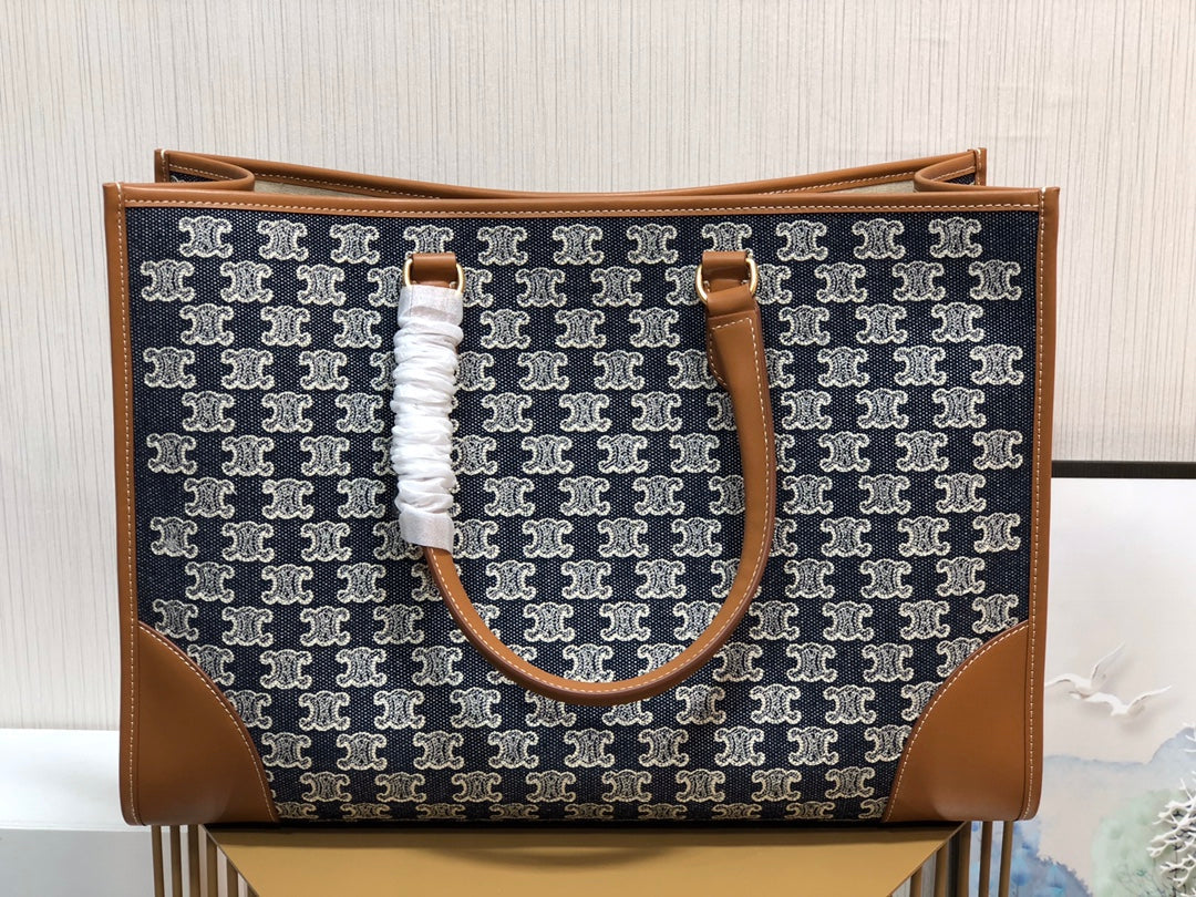 CE Horizontal Cabas In Textile With Triomphe Embroidery Denim For Women 17in/43cm 