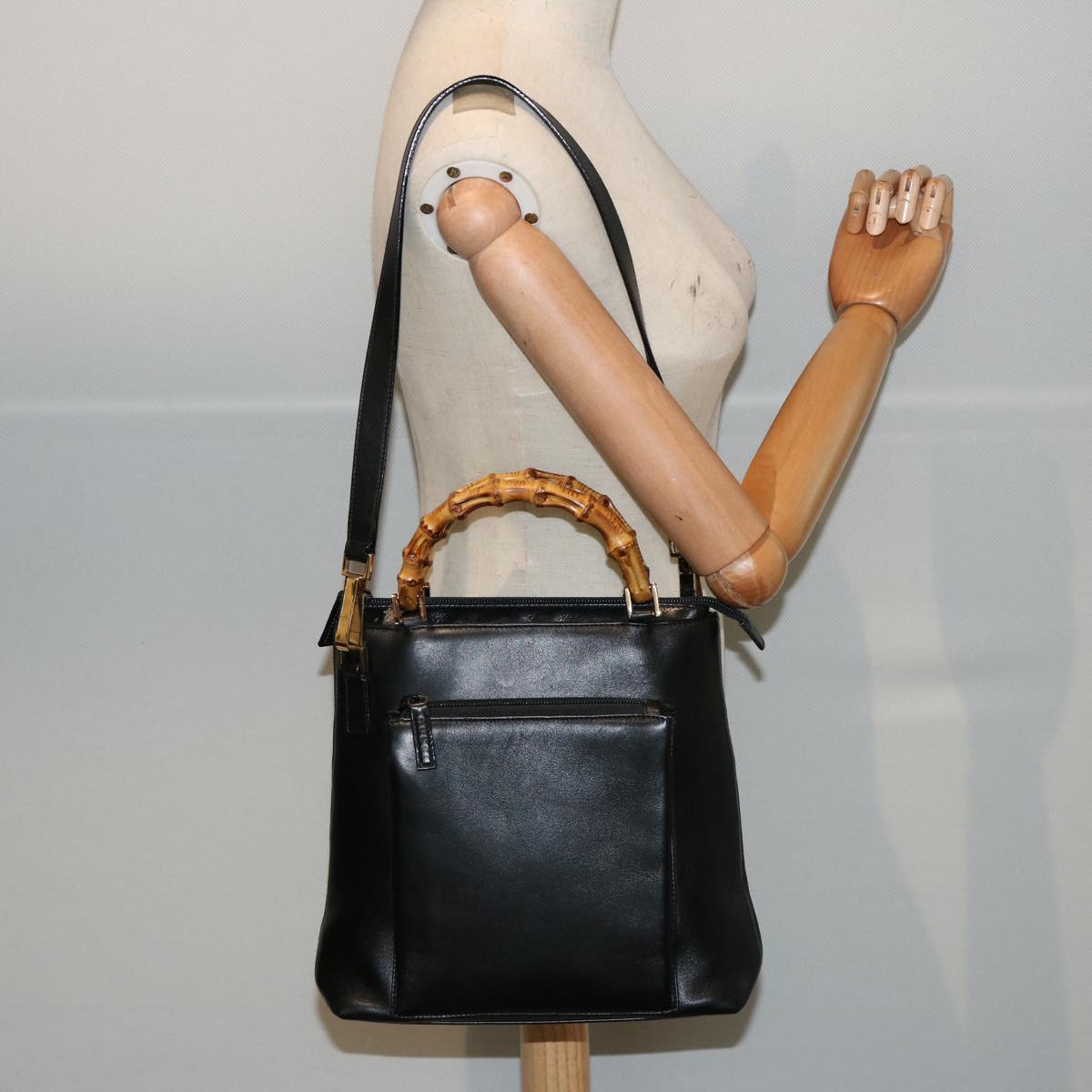 GUCCI Bamboo Hand Bag Leather 2way Black 76118