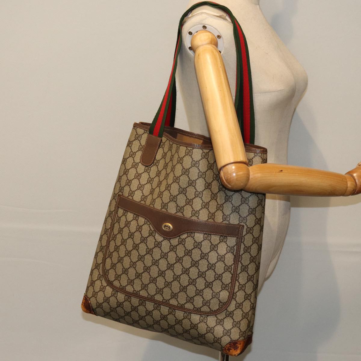 GUCCI GG Supreme Web Sherry Line Tote Bag PVC Beige Red 002 58 6487 76166
