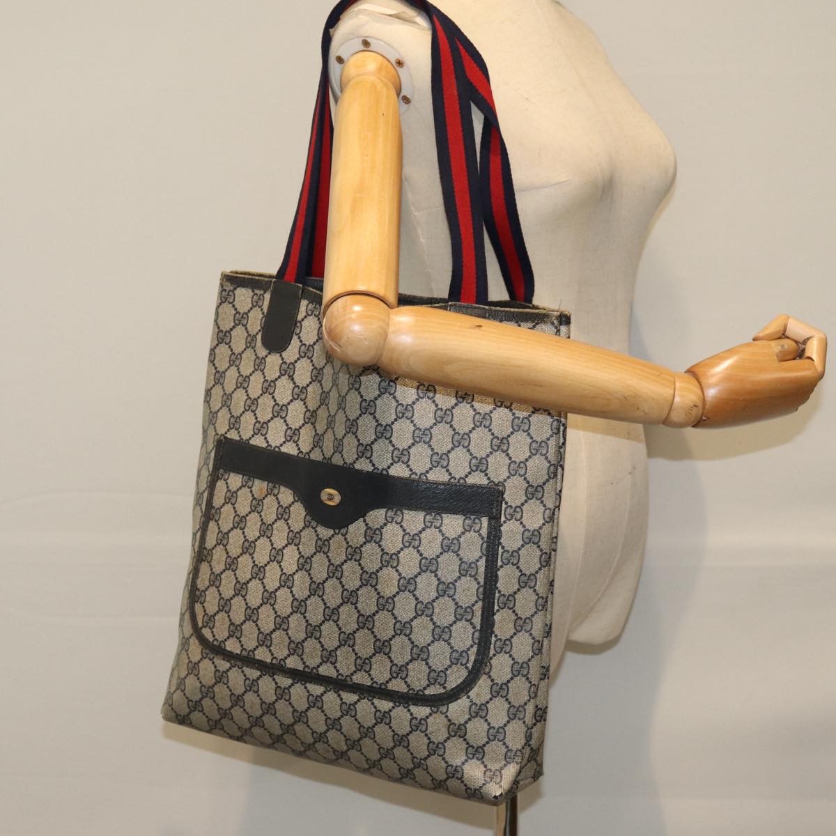 GUCCI GG Supreme Sherry Line Tote Bag PCVLeather Red Navy 120 02 003 76588