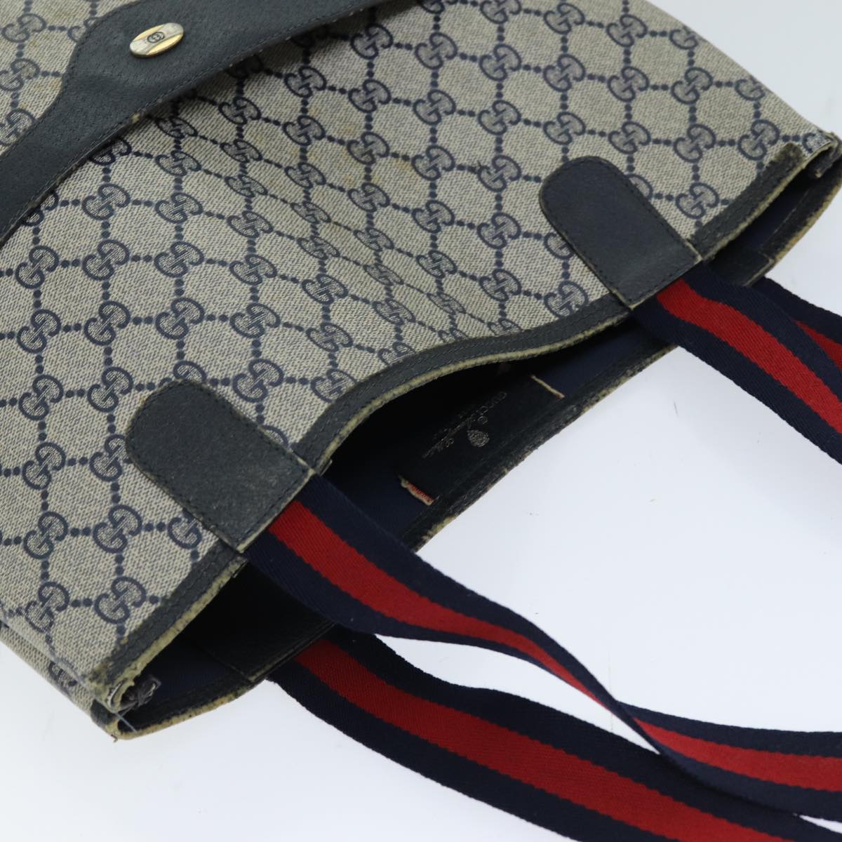 GUCCI GG Supreme Sherry Line Tote Bag PCVLeather Red Navy 120 02 003 76588